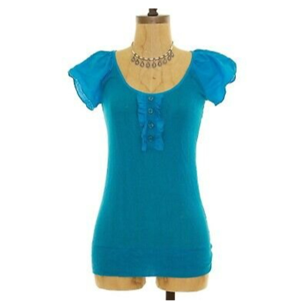 Arden B Henley Top Size XS Ruffle Flutter Sleeve Stretch Turquoise Blue EUC B67 - Picture 1 of 3